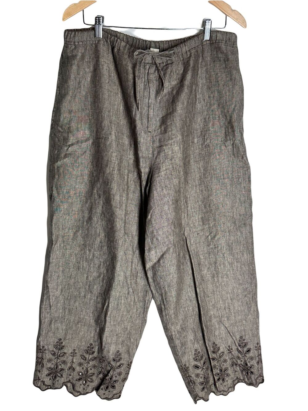 J Jill Bohemian Embroidered Hem Crop Wide Leg Pull On Linen Pants Pockets Large